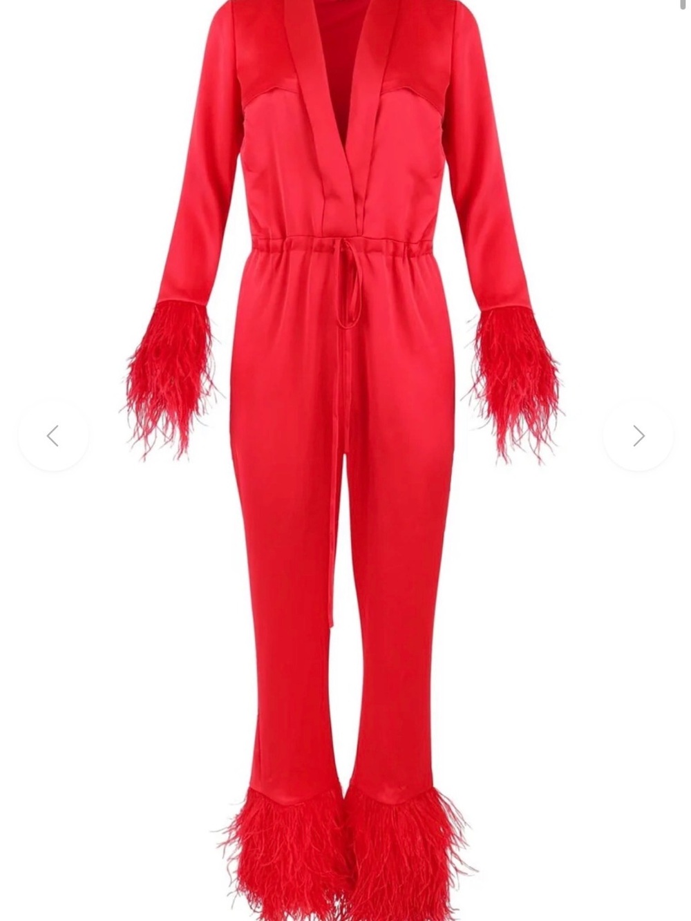 Ellae Lisque Red Feather-Trim Satin Jumpsuit with Drawstring Waist NWT